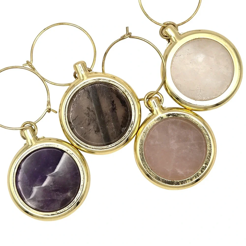 Set of 4 Gemstone Wine Glass Charms Gold Plated Amethyst Rose Quartz Labradorite